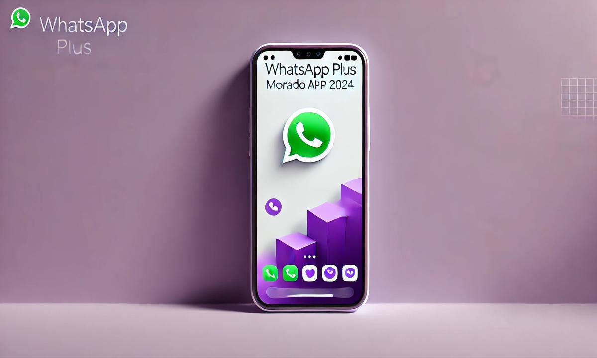 Smartphone con interfaz de WhatsApp Plus Morado 2024