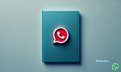 Icono de WhatsApp en rojo sobre fondo azul minimalista