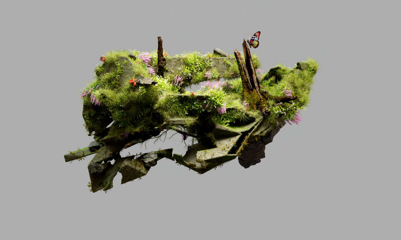 Representación digital de una isla flotante con vegetación, imagen ilustrativa del mundo de fantasía de Avatar: Seven Havens