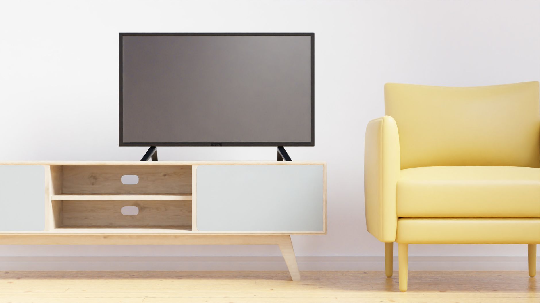 Sala con televisión de pantalla plana y sillón amarillo para ver Los Simpson el domingo por la noche